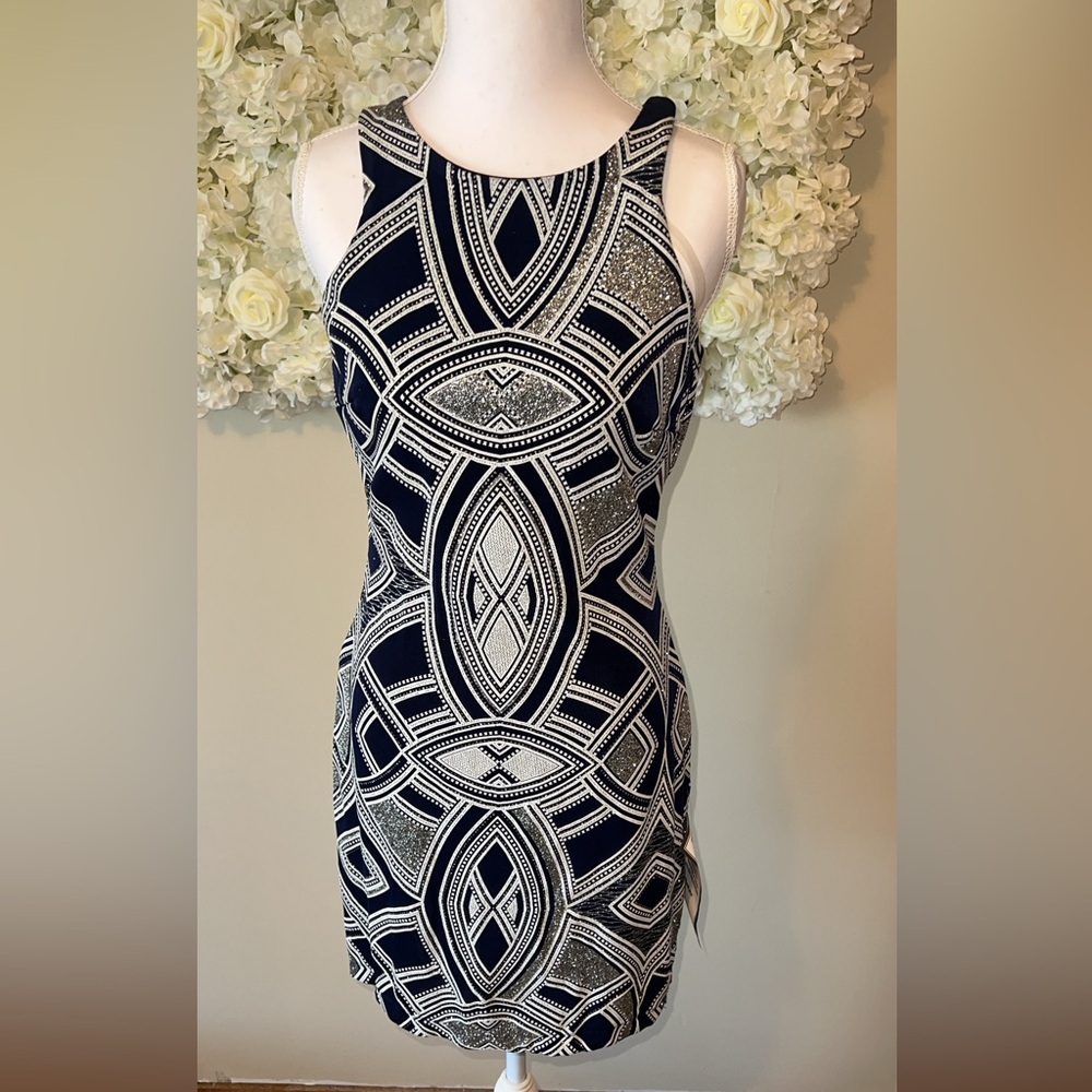 Navy and White Sparkle Sleeveless Mini Dress - Picture 1 of 8